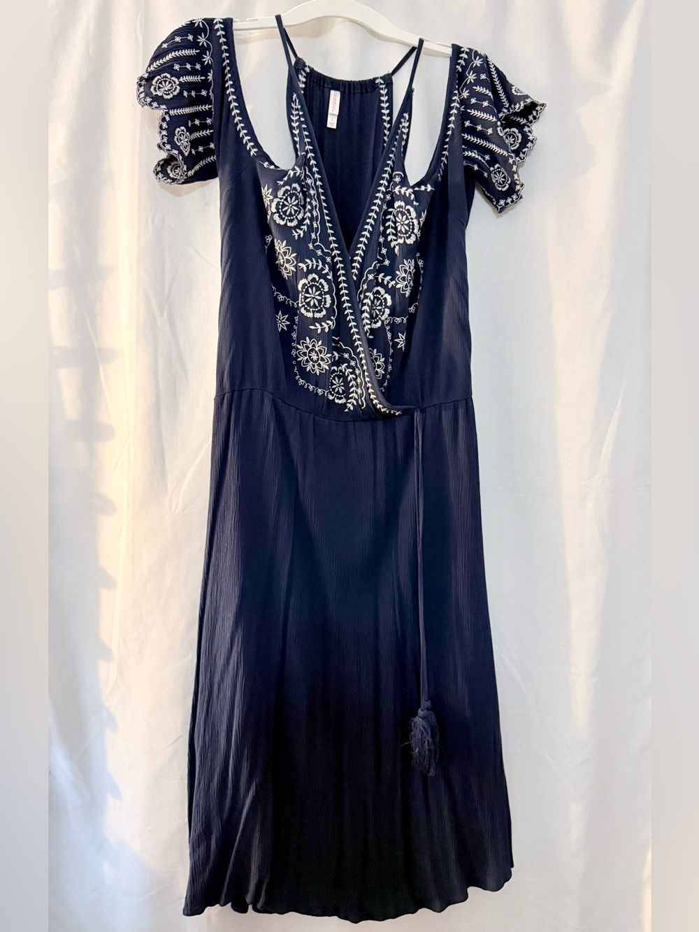 Xhilaration Navy Midi Dress with White Embroidery
